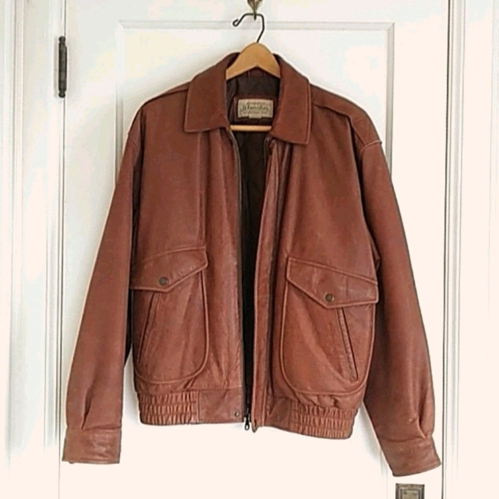 Classic brown leather bomber jacket